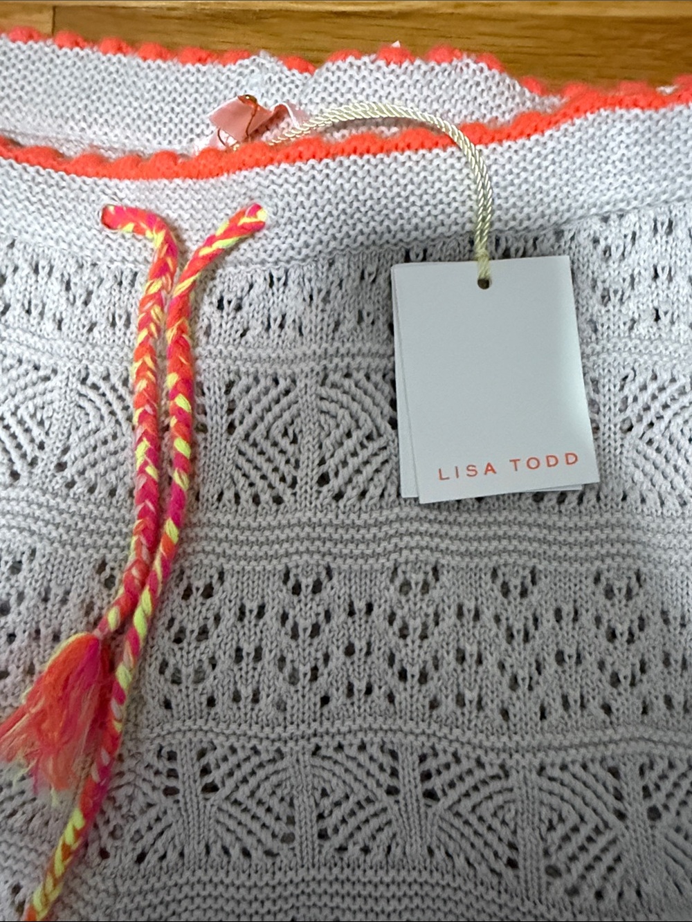 Lisa Todd Cream Crochet Shorts with Neon Coral Trim - Picture 3 of 7